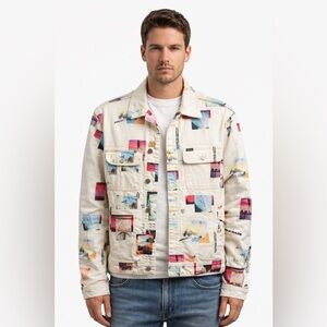GUESS Collage Print Denin Jacket Men’s Small Cream Graphic trucker Jacket UNISEX